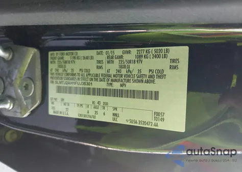 2015 Lincoln Mkc z USA, uszkodzony, nr VIN 5LMTJ2AH1FUJ35301